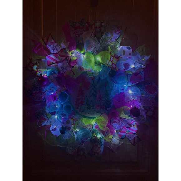 Handmade Bright Merry Christmas Holiday Ribbon Door Wreath 22 ins W52 Pink Blue - Picture 12 of 13